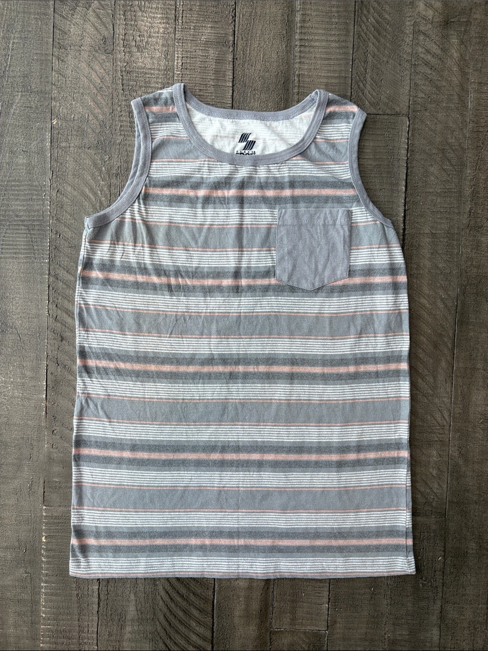 Boys Striped Tank Top with Chest Pocket - Gray & Light Pink Size XL 14